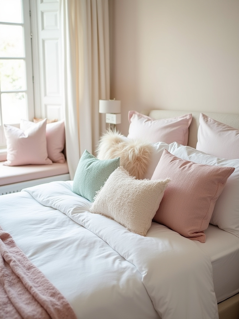 Pastel-themed bedroom with a bed and seating area accented by scatter pillows