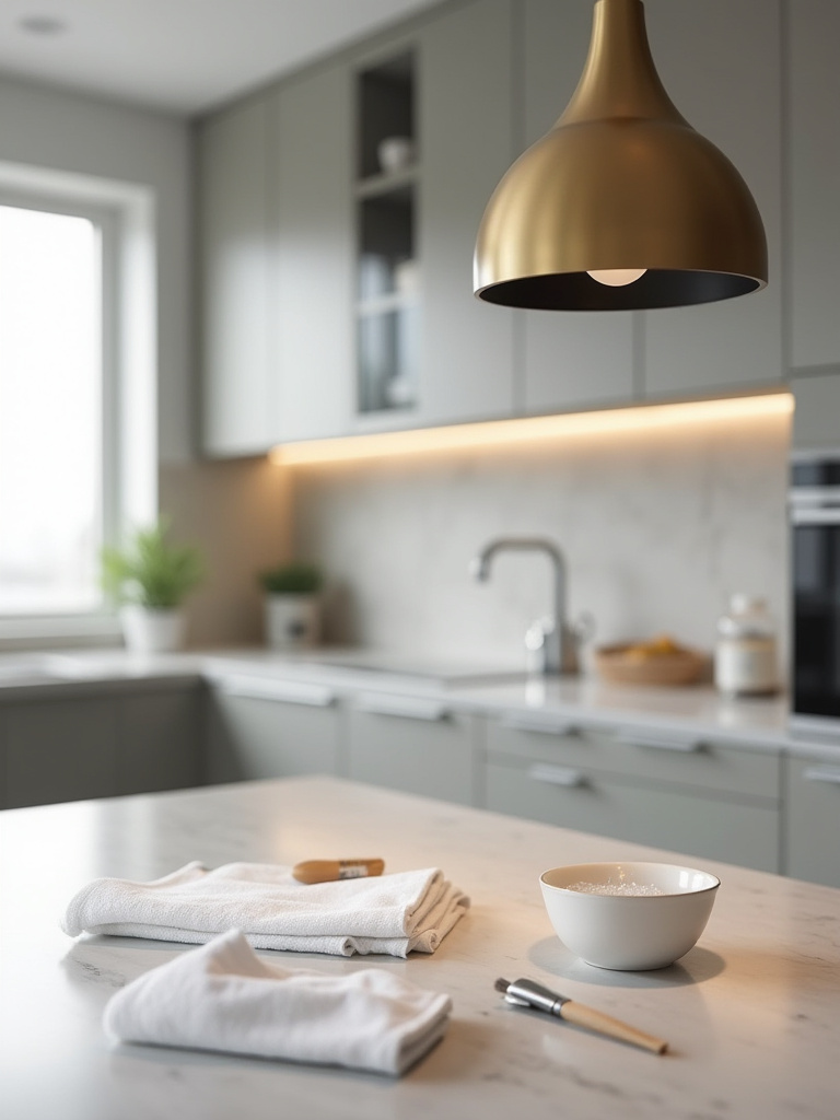 Vertical photo of a removed pendant diffuser, microfiber cloth, and mild soap on a kitchen island staged for fixture cleaning