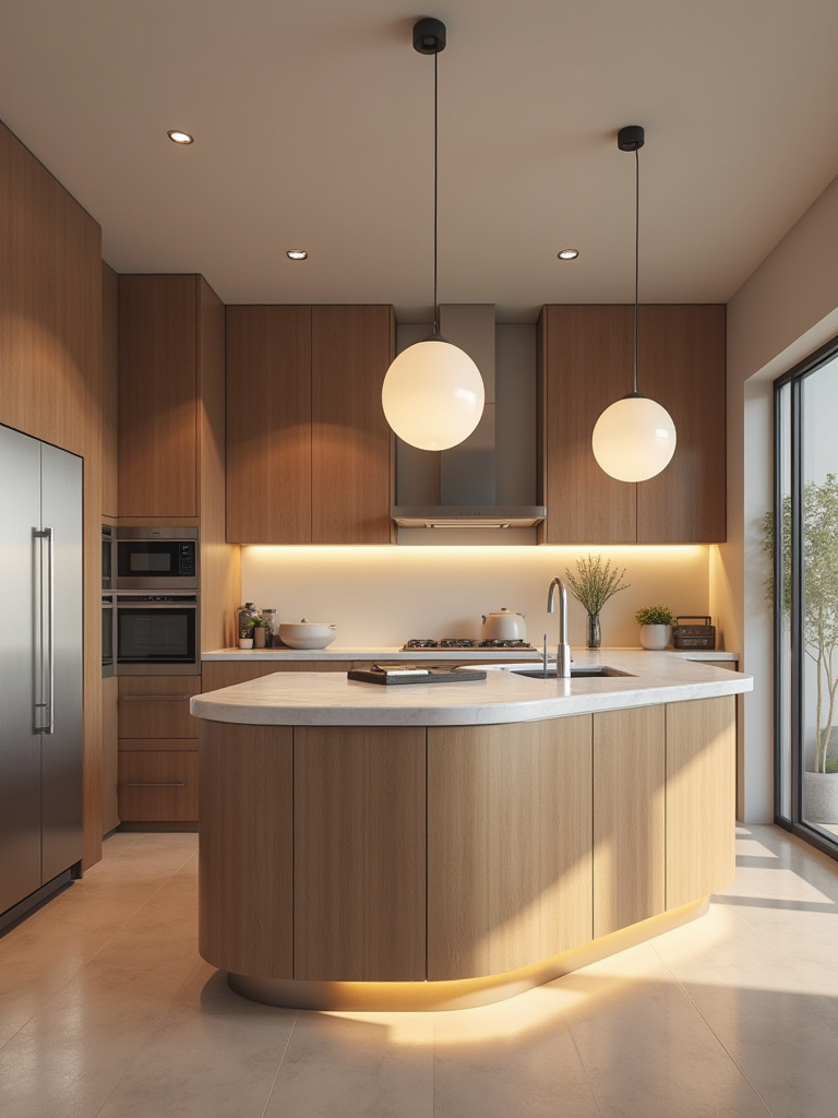 Portrait view of a modern kitchen showing recessed lights, flush-mount fixtures, and frosted pendant lights providing warm ambient lighting