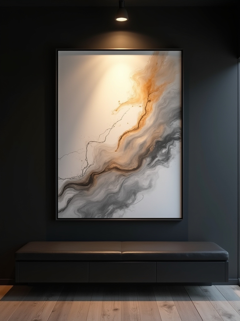 Modern black kitchen with large bright abstract artwork on dark wall, illuminated by LED spotlight, no people