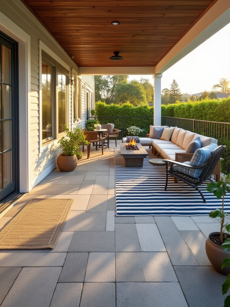 Backyard porch with cohesive outdoor rugs defining dining and lounge zones during golden hour