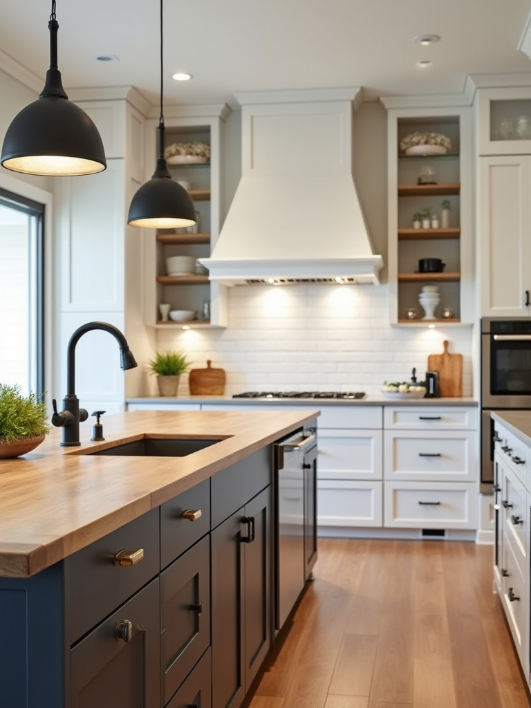 Vertical professional kitchen photo with matte-black pendants and brushed-brass accents coordinating with matching faucet and cabinet hardware, warm layered lighting