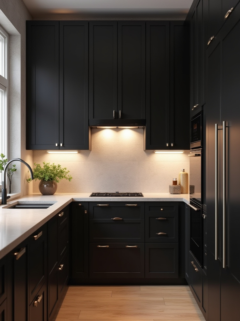 Modern kitchen showcasing perfect black cabinetry styles with layered lighting and light countertops