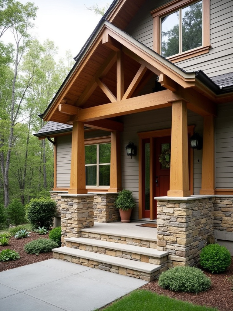Front porch styled to perfectly match Victorian home aesthetics with wooden columns and stone accents, no people