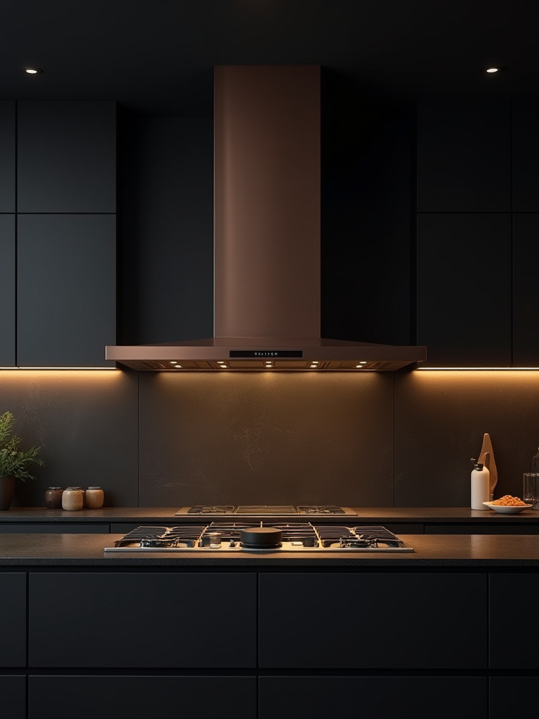 Modern black kitchen with a brushed bronze statement hood over island cooktop, showcasing aesthetic harmony and advanced venting.