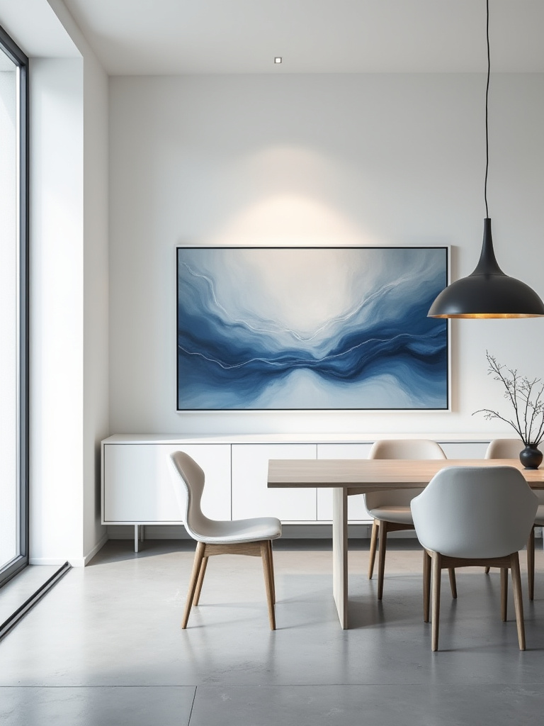 Modern dining room corner with large abstract modern art painting in blue and gray tones above white credenza