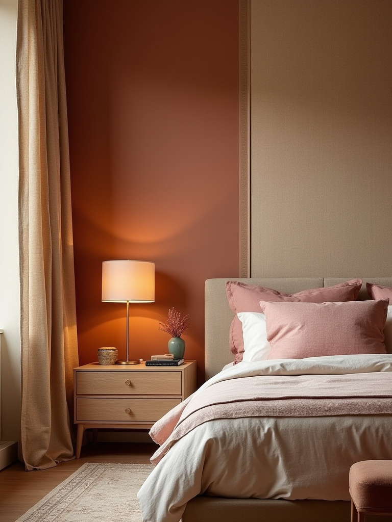 Vertical cozy bedroom with warm wall textures (limewash and grasscloth) and soft lighting