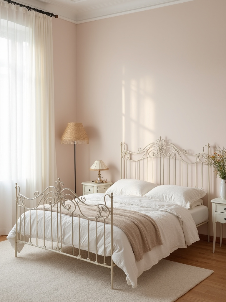 Portrait of a bedroom featuring a delicate ornate bed frame in soft pastel tones with natural window light.