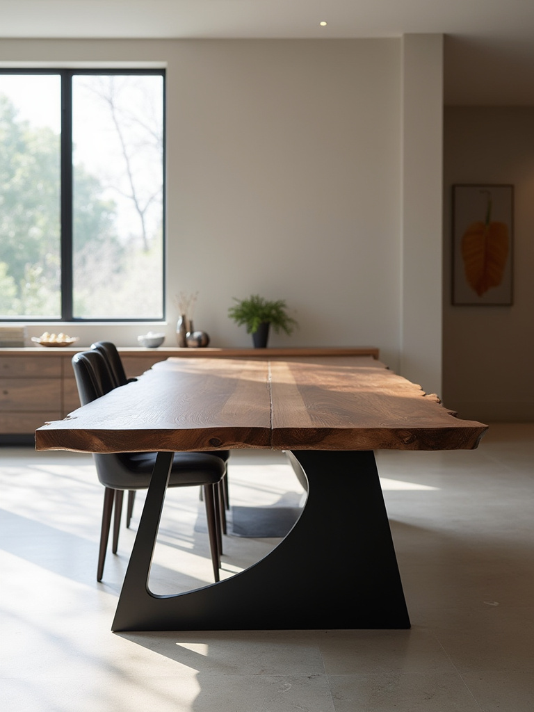 Modern dining room with a large live-edge walnut statement dining table as the central anchor, styled in a minimalist setting with natural light