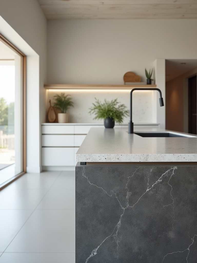 Portrait of a modern kitchen with durable countertop materials on island and prep zone