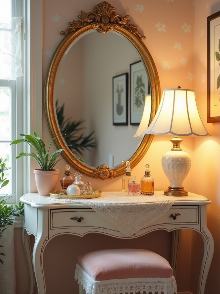 Elegant vintage vanity corner with ornate mirror, perfume bottles, lace details, and warm lighting in a cute bedroom.
