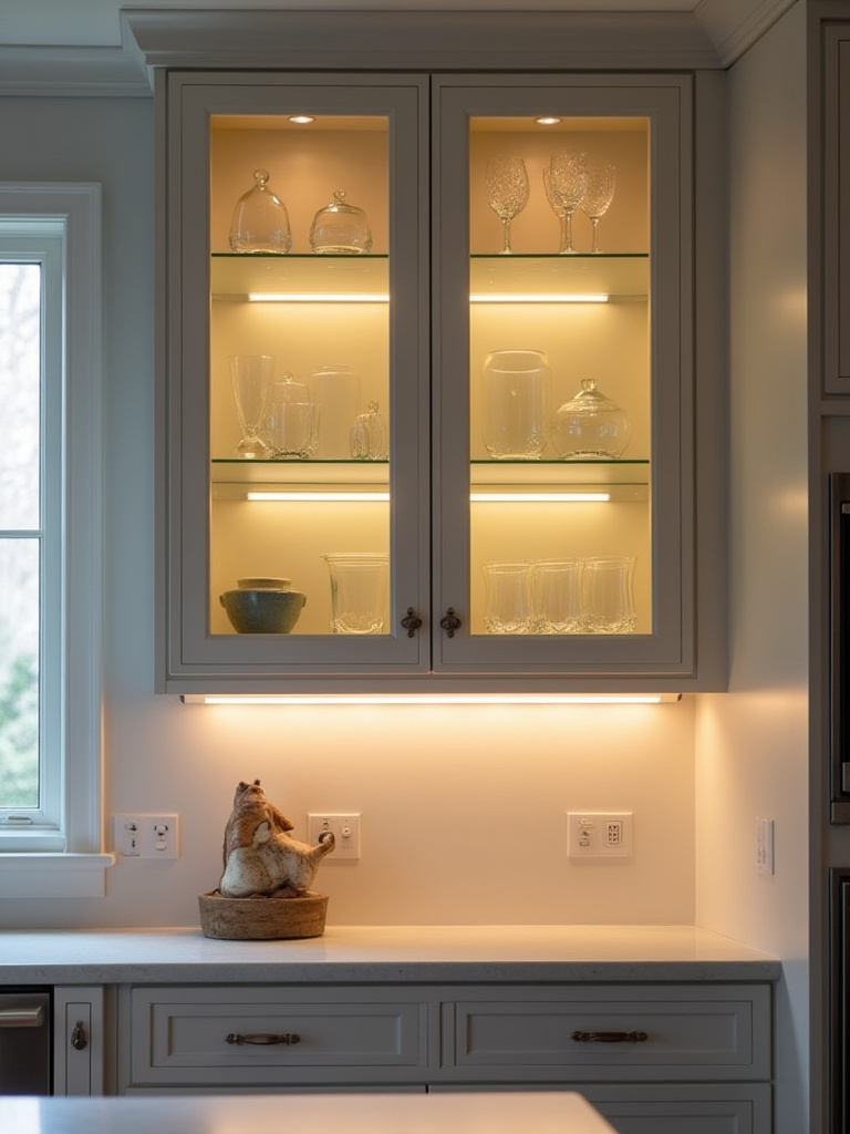 Glass-front kitchen cabinets with integrated LED interior lighting highlighting glassware and ceramics on frosted shelves