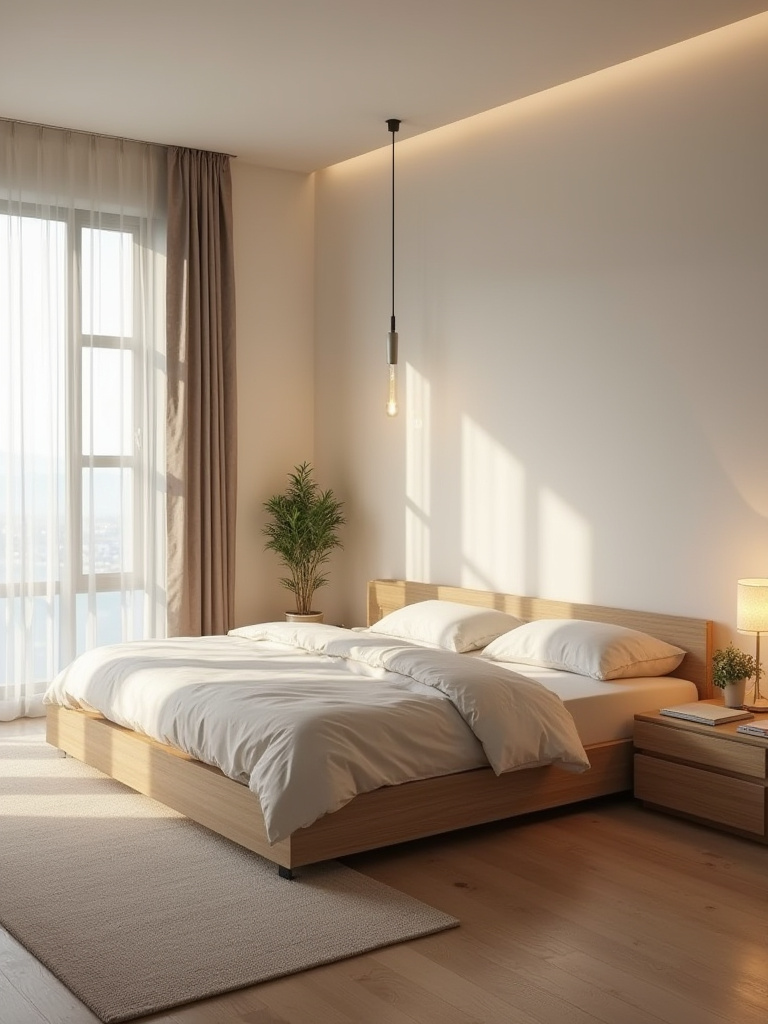 Minimalist, clutter-free bedroom corner with soft lighting and natural textures