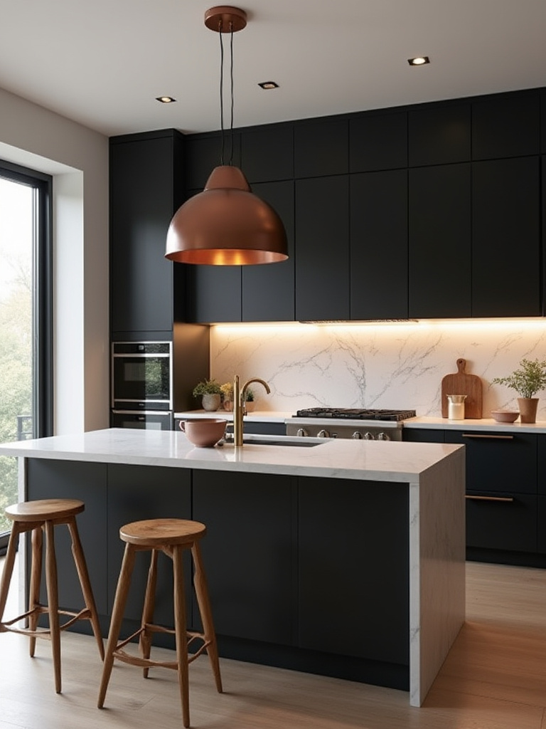 Modern black kitchen with matte black cabinets, white quartz island, and warm metallic accents showcasing contrasting color palettes