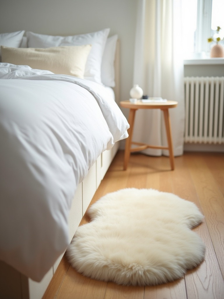 Small creamy sheepskin rug beside a white linen bed in a minimalist cozy bedroom with natural morning light