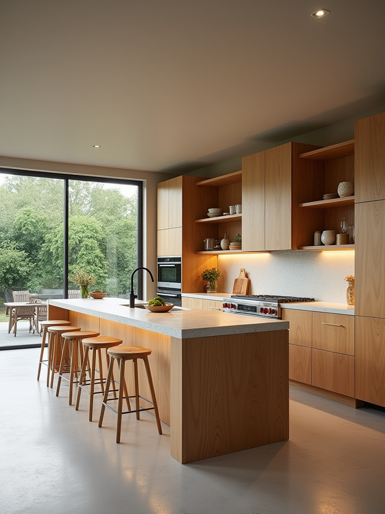 Vertical shot of a modern eco-friendly kitchen featuring reclaimed wood cabinets, bamboo countertops, and natural light.