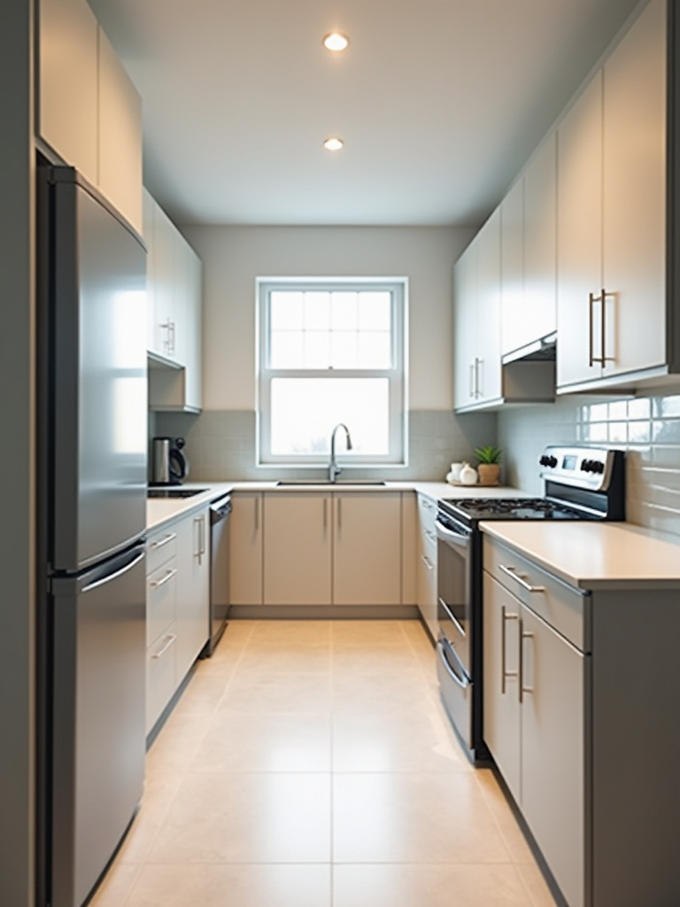 Small modern kitchen interior showcasing the Strategic Work Triangle layout with refrigerator, sink, and stove arranged efficiently
