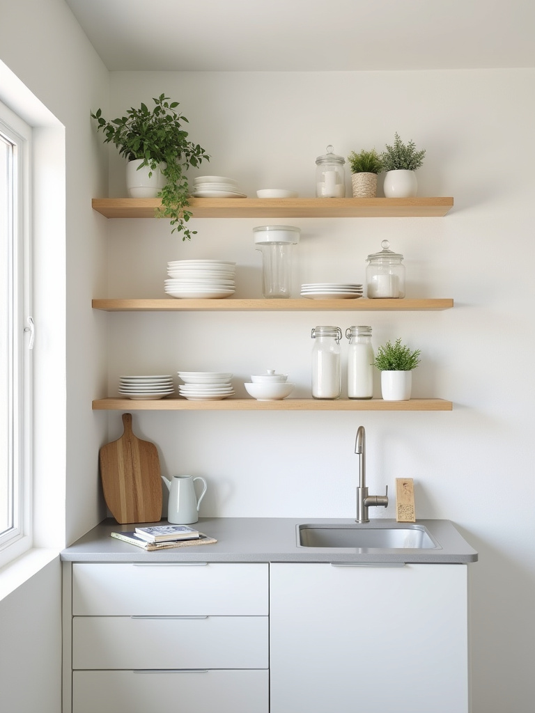 Small kitchen with light wood open shelving and minimalist decor creating an airy and spacious feel