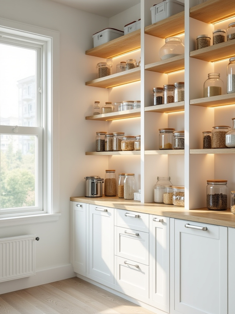 Modern pantry with white shelving, natural wood accents, and clear containers without text