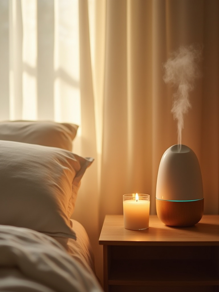 Cozy bedroom nightstand with a lit soy wax scented candle and ultrasonic essential oil diffuser emitting mist