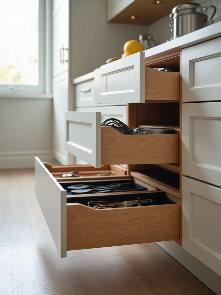 Organized kitchen drawer with custom dividers for tools