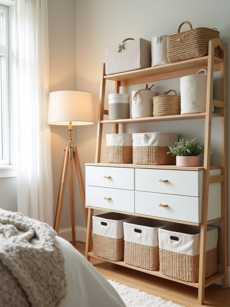 Portrait view of a cozy bedroom with woven and fabric storage bins neatly arranged on shelves and under the bed