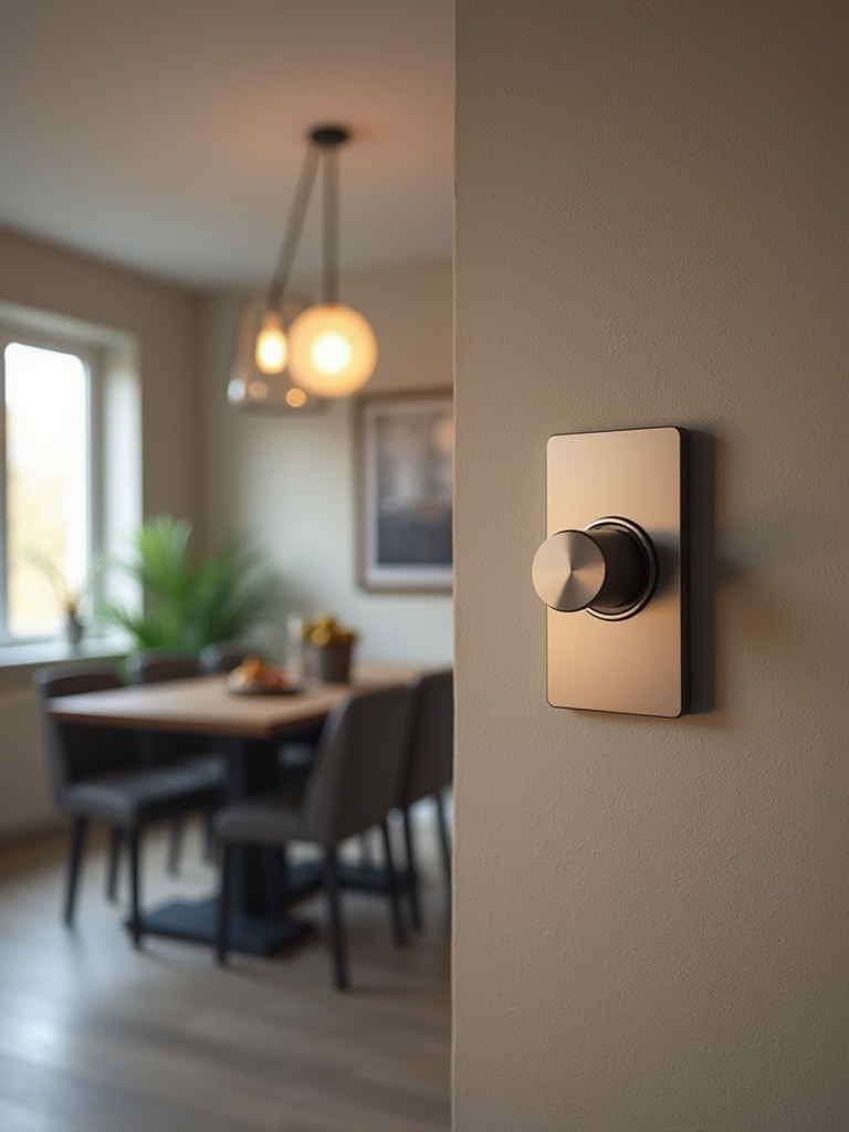 Modern dining room with a sleek dimmer switch controlling layered lighting and mood ambiance