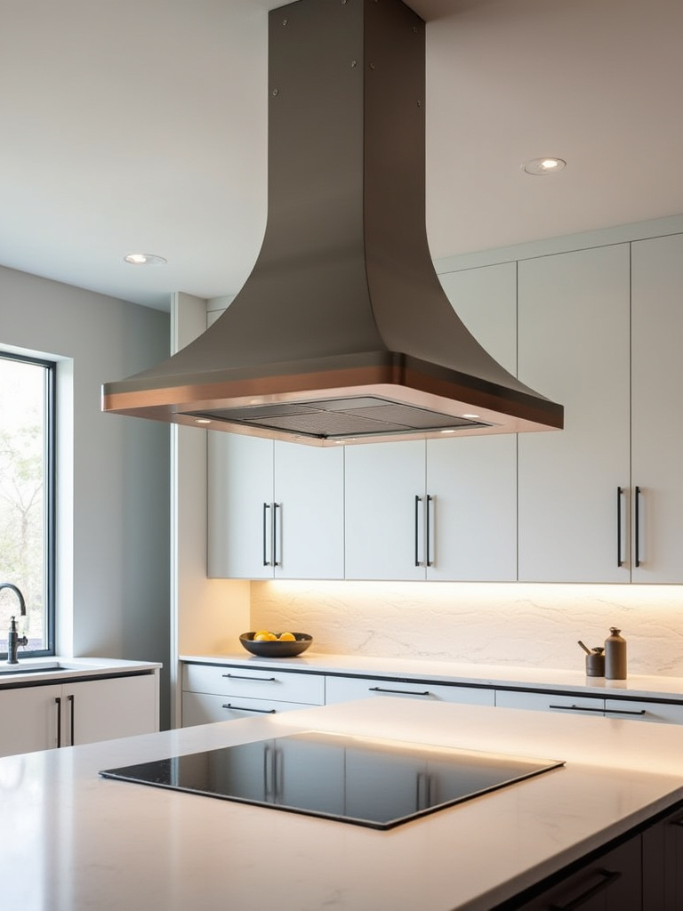 Portrait of a modern kitchen with a design-forward vent hood as the focal point
