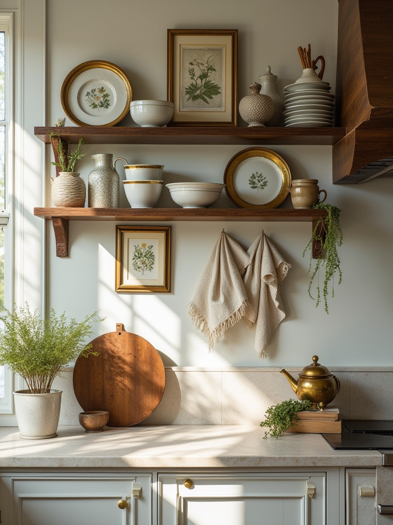 Portrait of a traditional kitchen vignette with vintage and heirloom decor and artwork