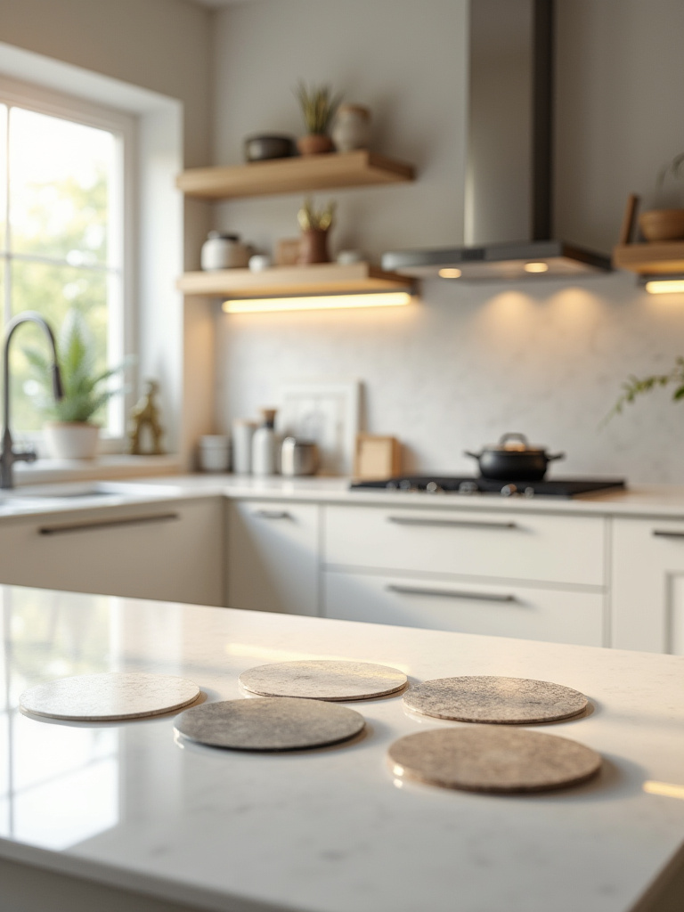 Portrait of a modern kitchen with material samples and durability planning