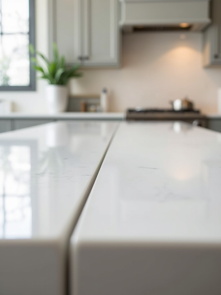 Portrait of a kitchen countertop with a near-invisible seam in a polished finish