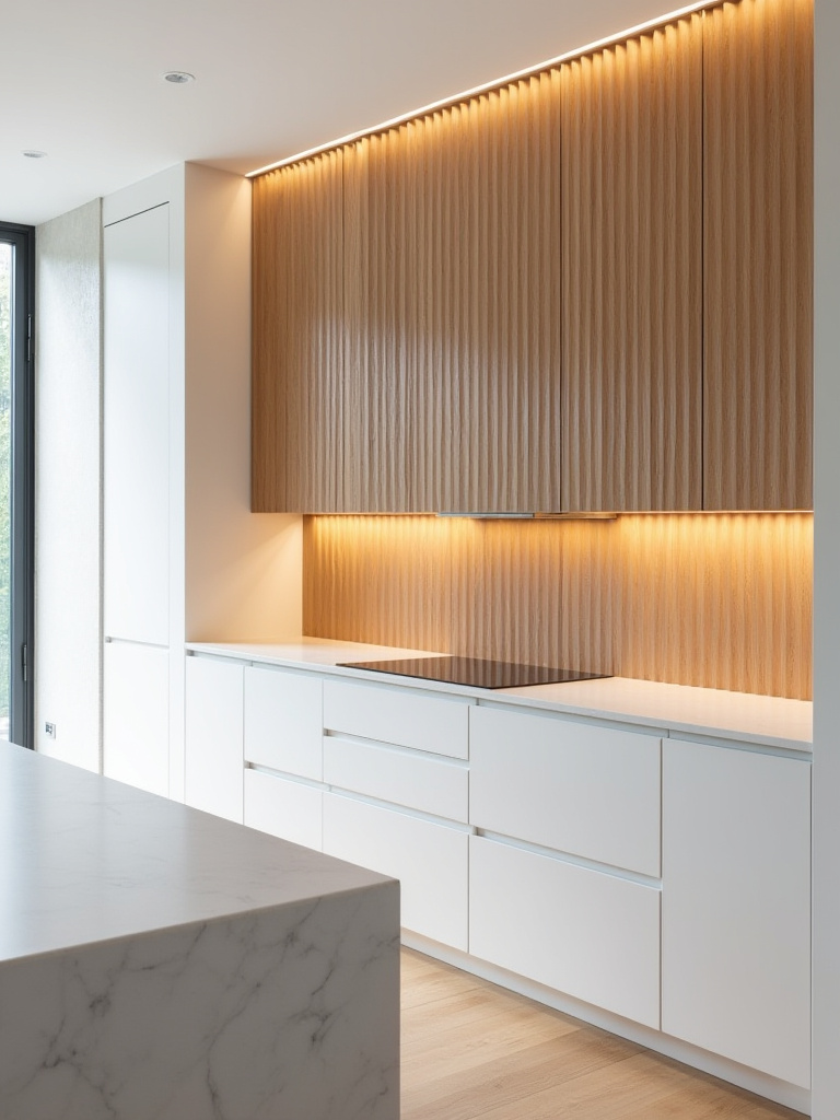 Modern kitchen with a prominent fluted light oak wood feature wall behind a sleek cooktop, demonstrating elegant architectural detailing and integrated lighting.