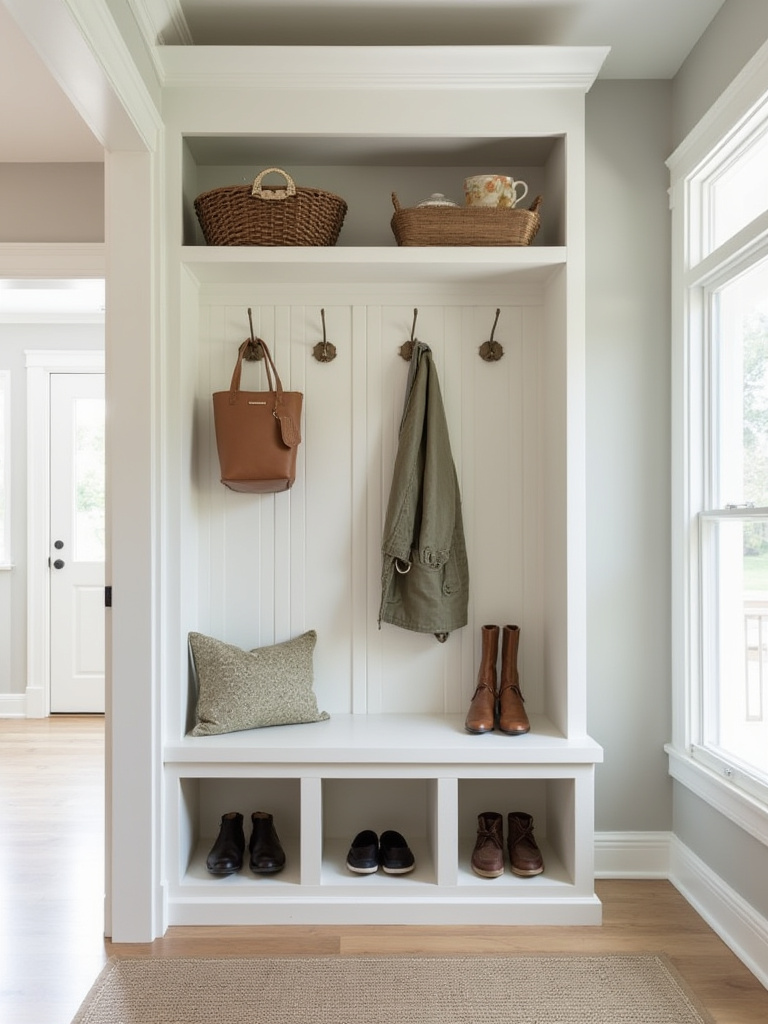 Mudroom drop zone with built-in cubbies, individual shoe storage, and hooks for coats and bags, keeping entryway organized.