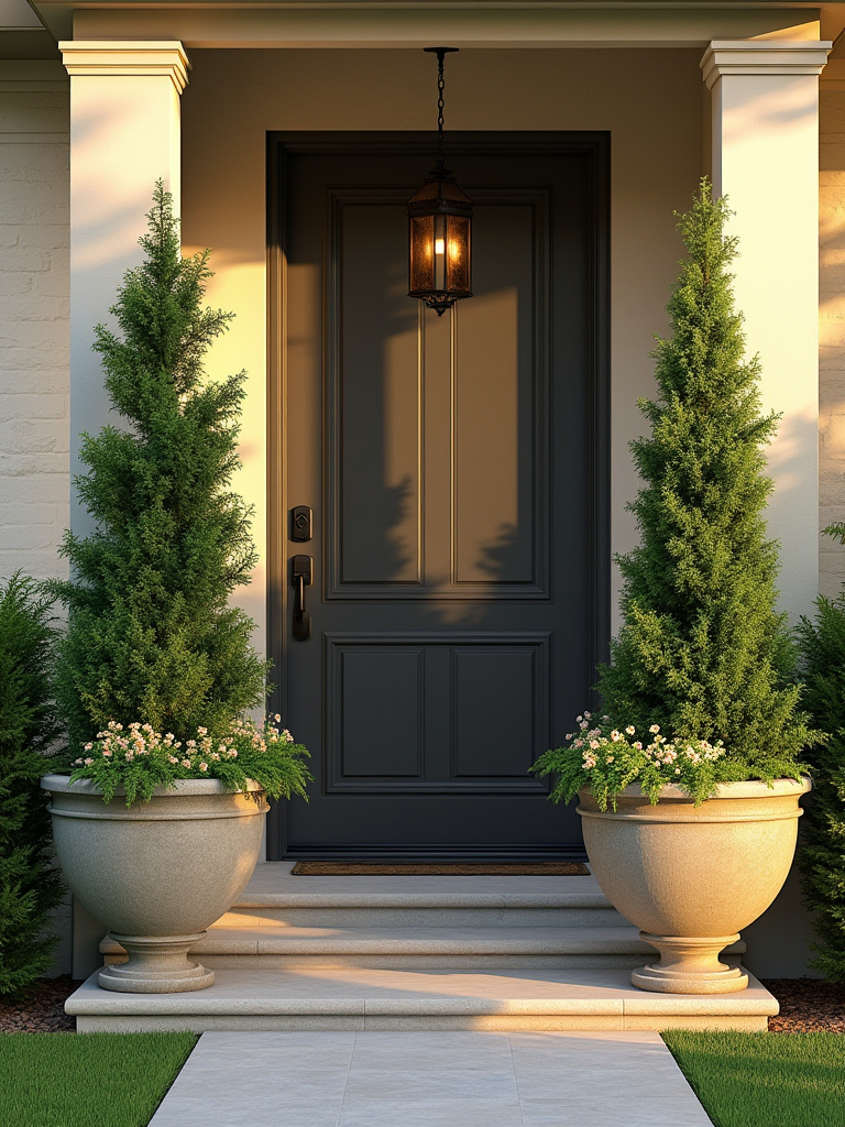 Symmetrical front door framed by lush planters