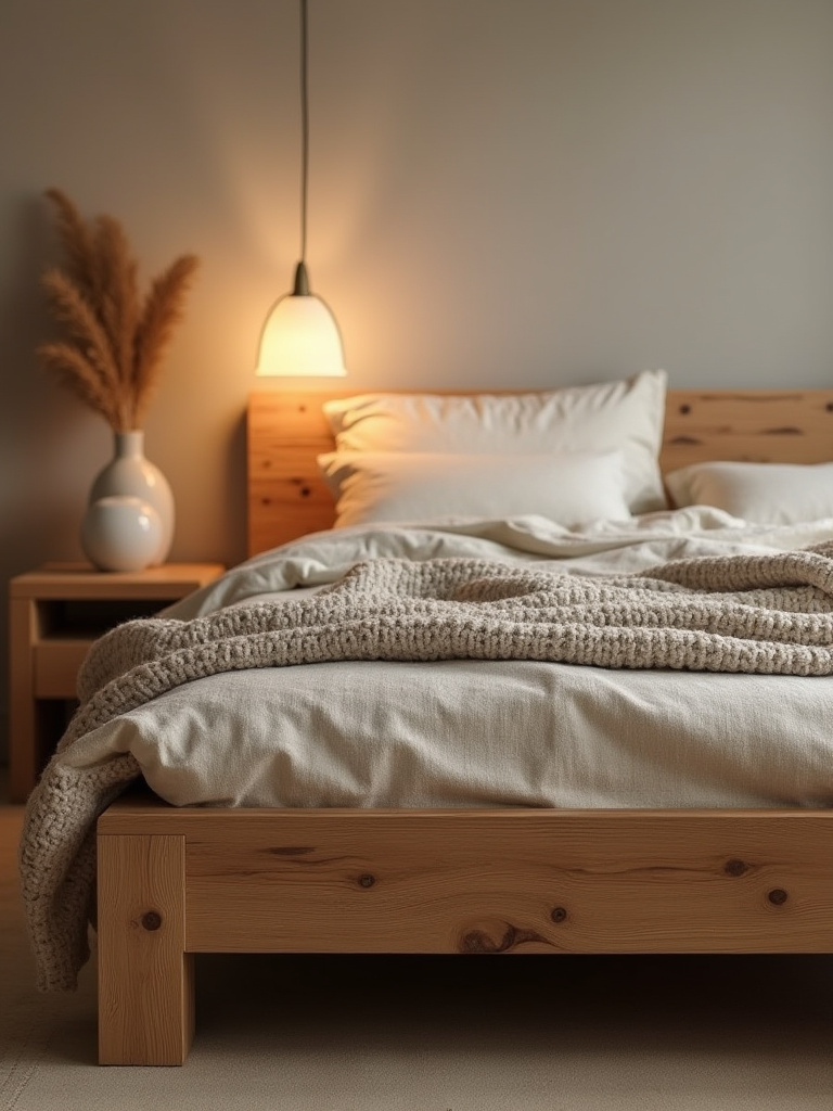 Portrait shot of a cozy bedroom featuring a rustic natural wood bed frame, soft linen bedding, and warm ambient light, creating an inviting and organic retreat.