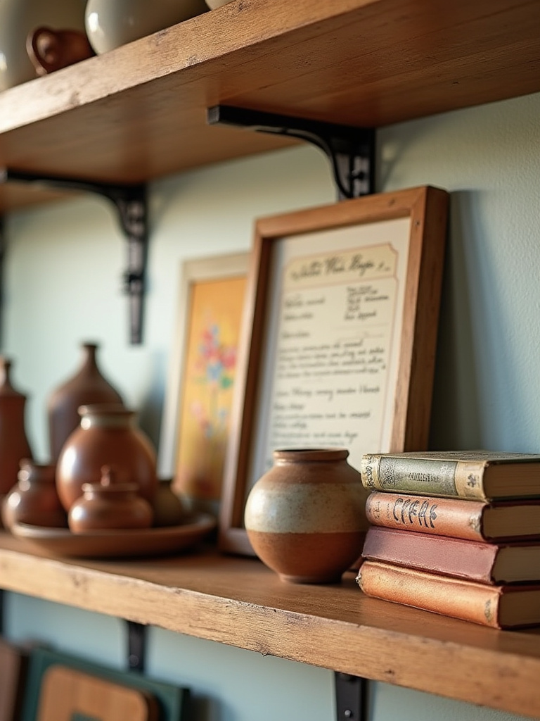 Kitchen open shelving displaying personalized decorative elements, including hand-thrown pottery, framed family recipes, and small art, infusing warmth and unique character.