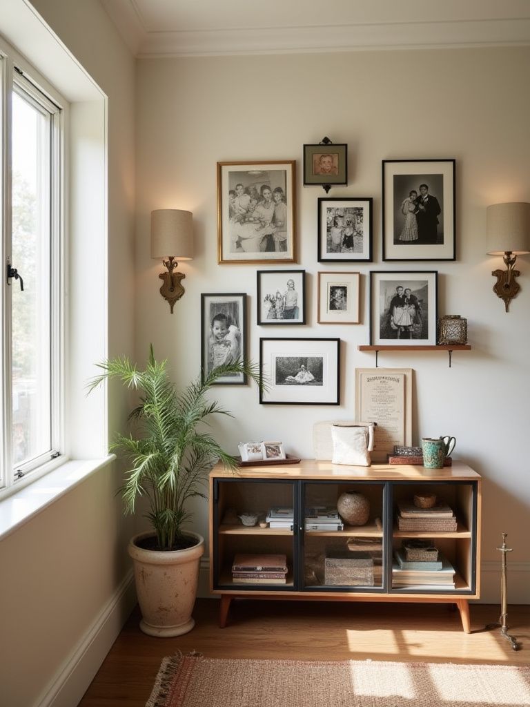 Vertical view of a dining room showcasing a gallery wall and heirloom display
