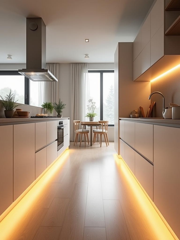 Warm toe-kick lighting under kitchen cabinets casting a soft glow on the floor