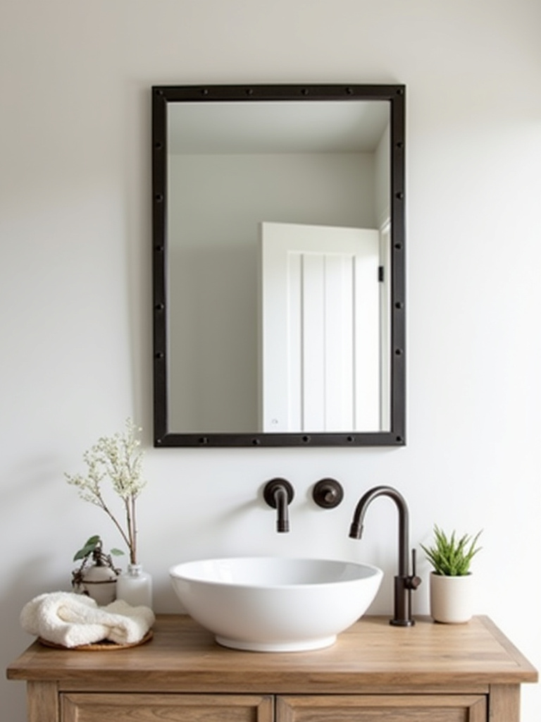 A farmhouse bathroom vanity featuring a light-stained rustic oak vanity, white vessel sink, and a rectangular industrial-style mirror with a black metal frame.