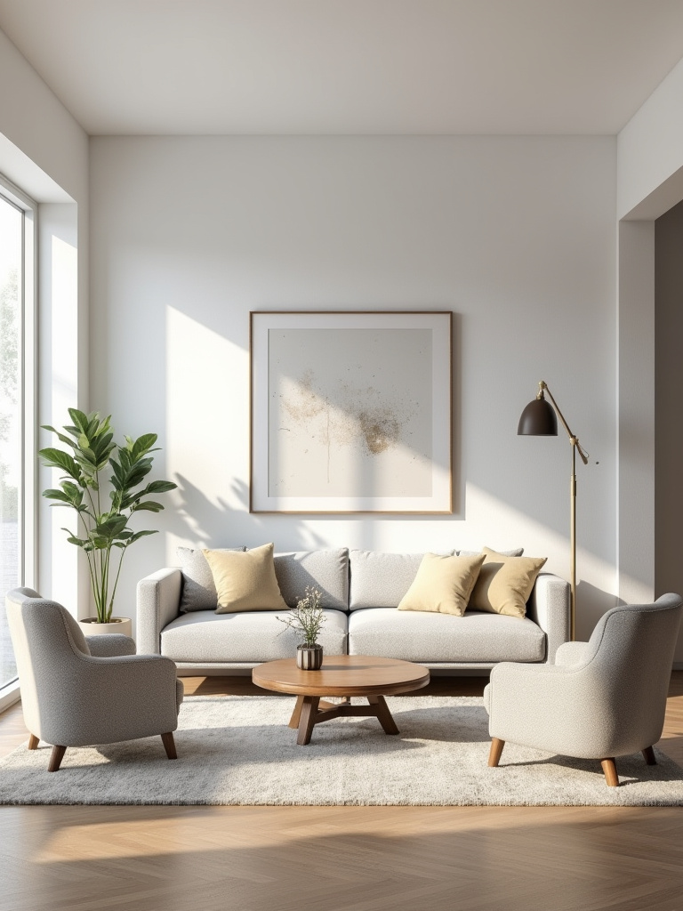 A beautifully arranged contemporary living room with a defined conversation area and clear pathways, demonstrating an optimized furniture layout to prevent clutter.