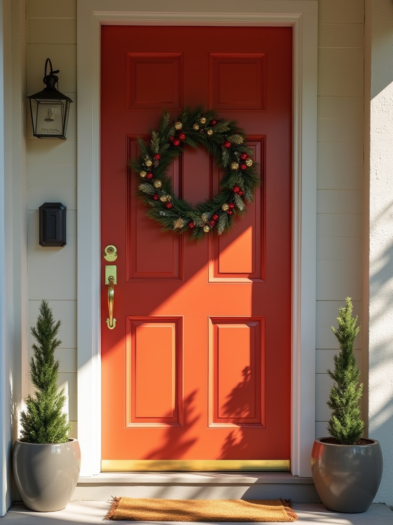 Portrait view of a well-maintained front entry with clean door decor and polished hardware in soft morning light.