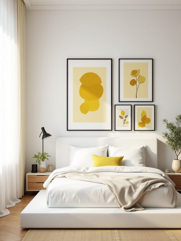 Portrait of a bedroom wall gallery featuring yellow art prints for visual cohesion