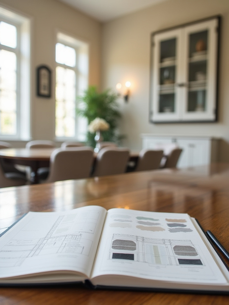 Thoughtful interior design planning with a notebook, demonstrating how to analyze existing decor and furniture for a cohesive dining room accent wall integration, without displaying measuring tools or specific time indicators.