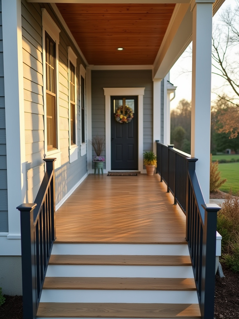 Portrait view of a porch with fresh exterior paint and a stained floor, cohesive curb appeal