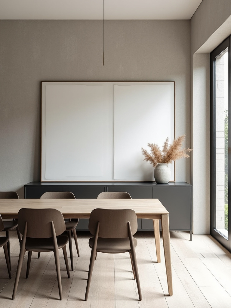 A chic dining room featuring a textured warm grey accent wall, with a light wood rectangular dining table and minimalist chairs centered perfectly, complemented by a sleek dark credenza along the wall, all arranged to make the accent wall the focal point.