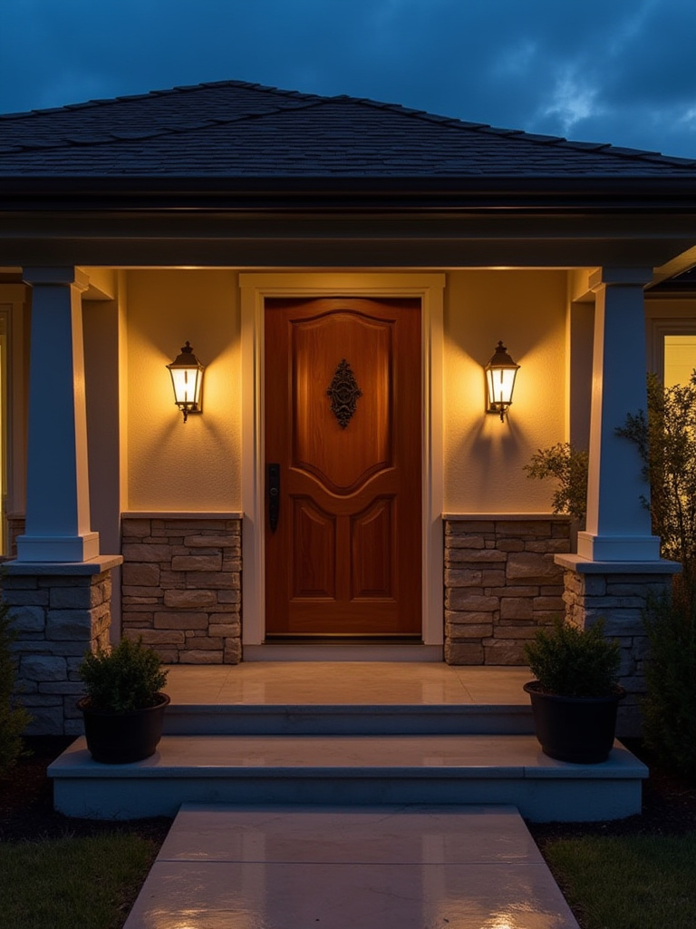 Evening exterior front entry with warm layered lighting highlighting the door and entry path