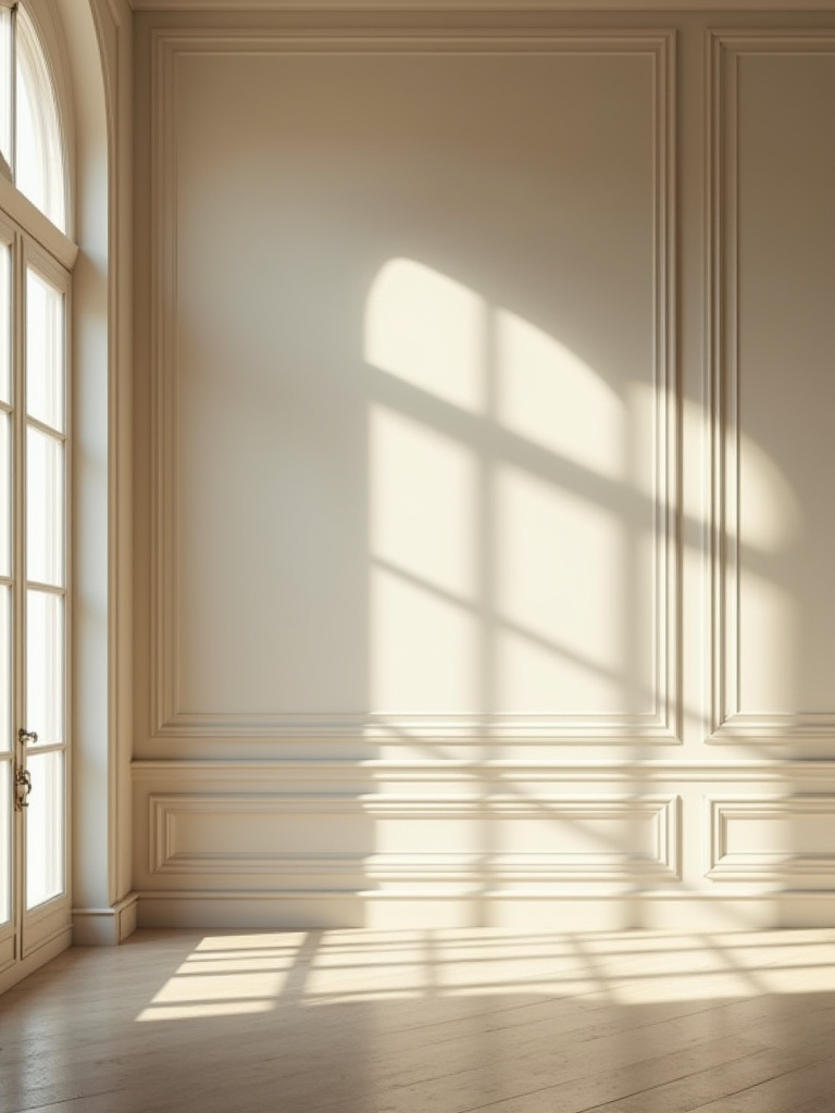 An elegant dining room, illuminated by strong natural light from a window, highlighting various walls and their interaction with light to guide accent wall selection and room layout assessment.