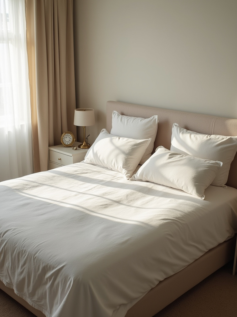 A neat but somewhat plain bedroom, hinting at unfulfilled potential for coziness, seen from a high-angle with soft natural light.
