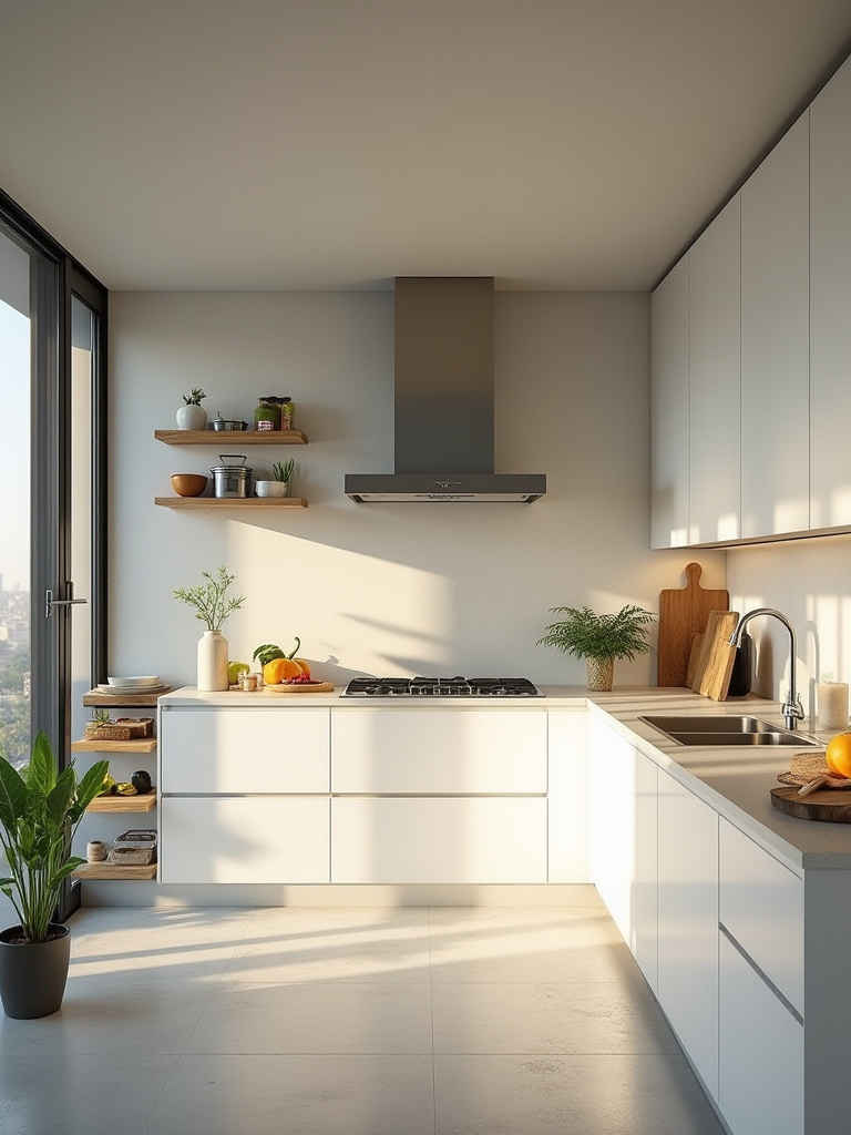 A modern kitchen interior showing functional work zones for meal prep, cooking, and cleaning, with natural light and a clear, logical layout designed for efficient daily use. No people.