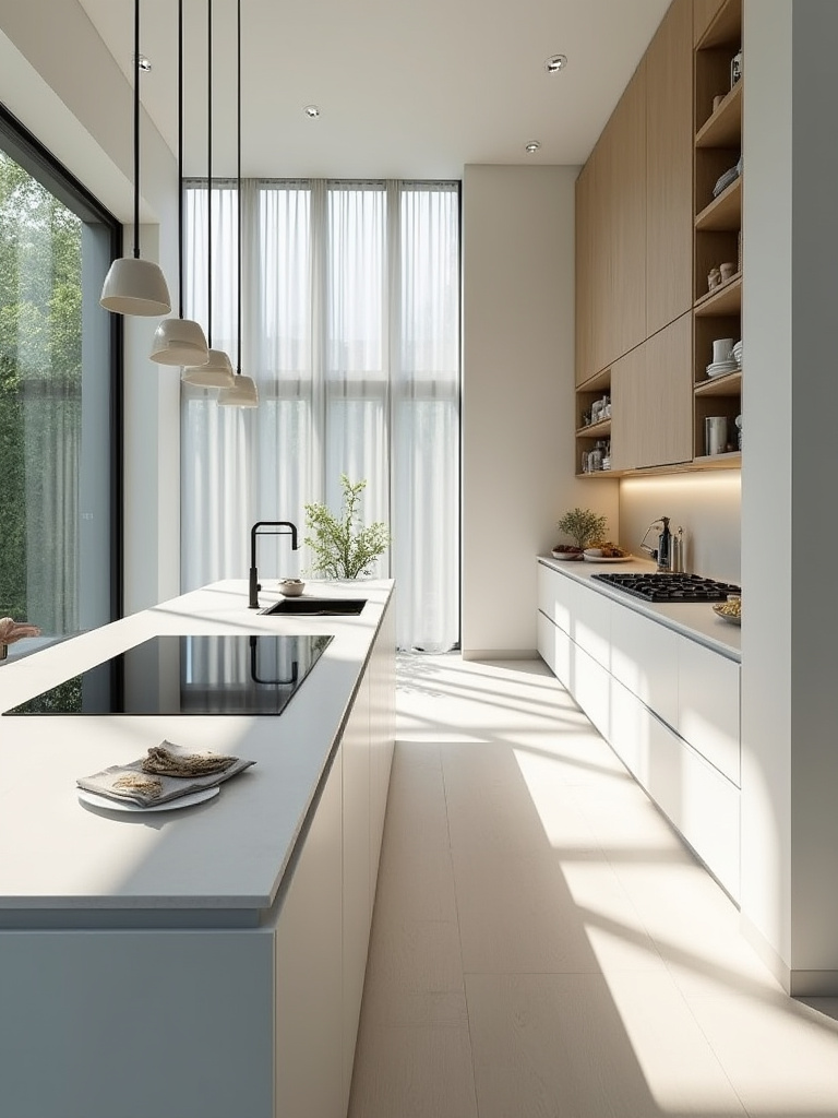 Modern kitchen with optimal zone planning, showcasing efficient layout and dedicated functional areas. Perfect kitchen design.